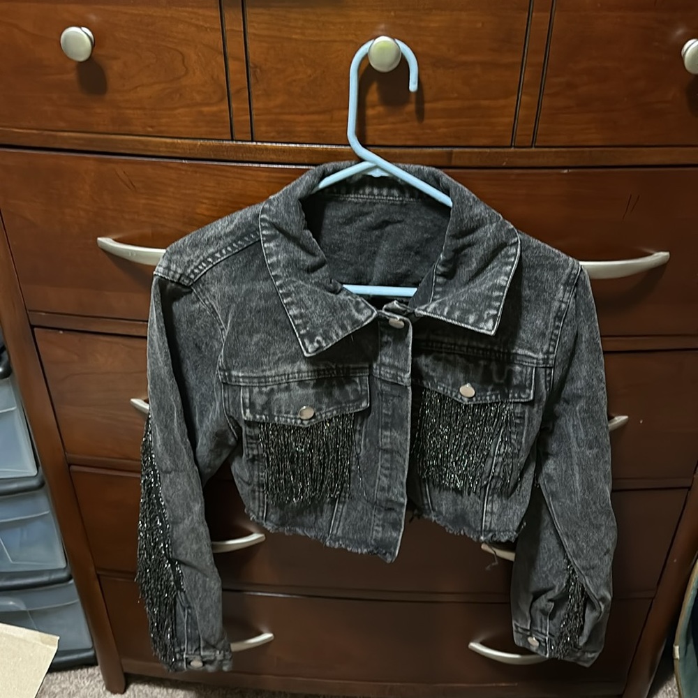 New Crop Denim Jacket Tassel Casual Button Down Long Sleeves Jean Coat